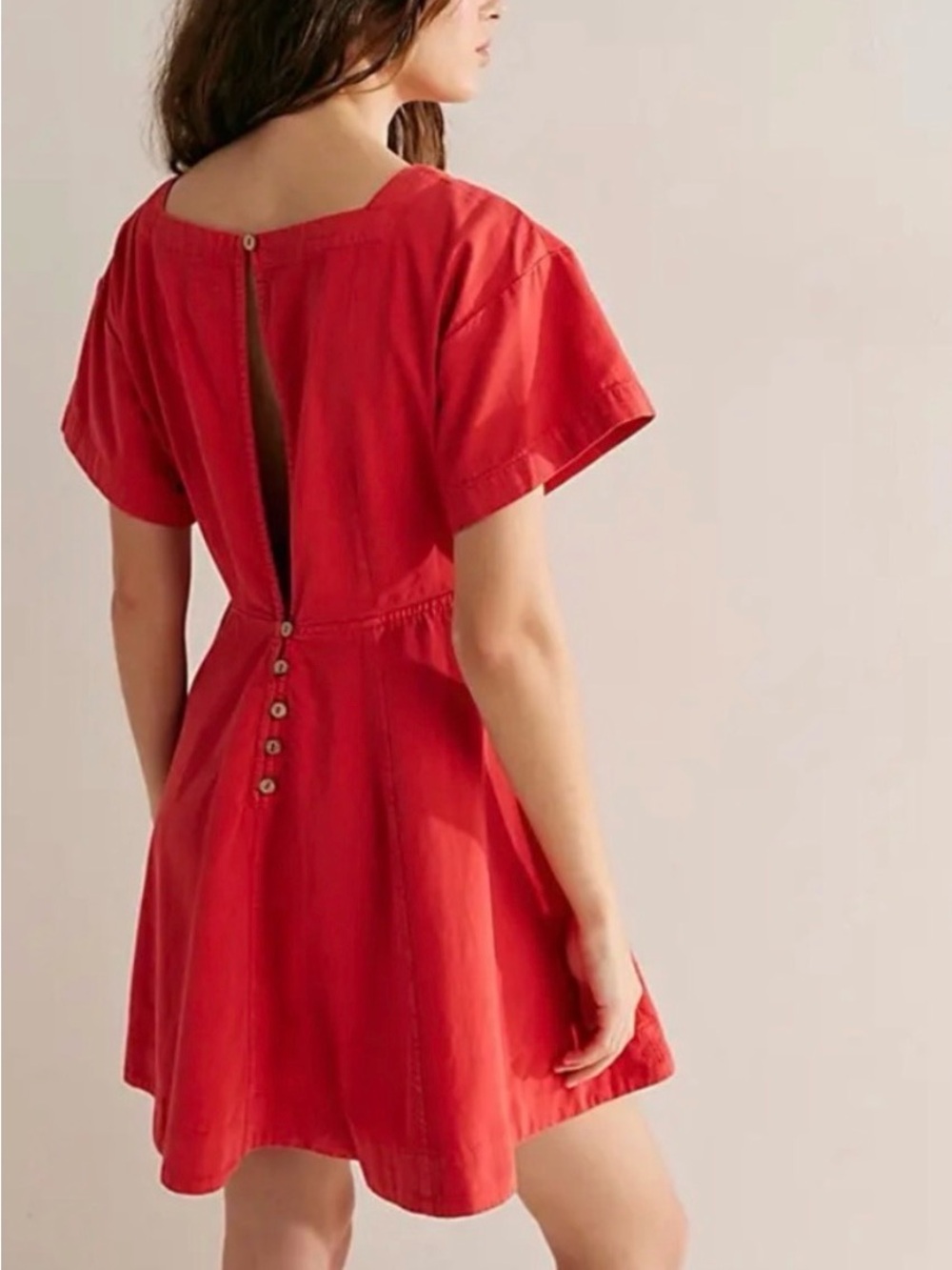 Free People Red Short-Sleeve Midi Dress with Button-Back
